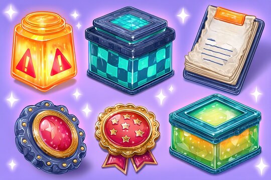 Vibrant collection of game-inspired objects displayed against a colorful backdrop at nighttime