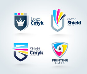 Set Logo Shield CMYK color Printing theme. Template design vector. White background.