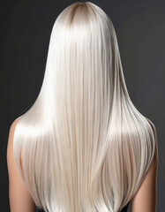 Naklejka premium Back view of a woman with long, smooth, platinum blonde hair against a dark background. Shiny, healthy strands flowing naturally, showcasing beauty, haircare, and elegant hairstyle concept. 