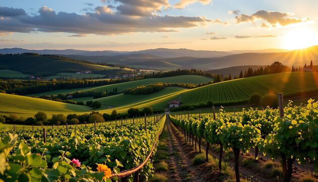 photorealistic tuscan countryside scenery, lush vineyards, rolling green hills, golden sunset, serene ambiance, 4k resolution