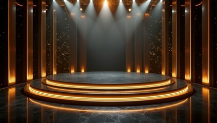 "Luxury Futuristic Stage Design with Glossy Black Floor and Dramatic Lighting in Blue, Red, Gold, and Silver"