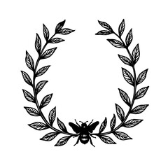 Artistic silhouette of a bee within a botanical wreath illustration