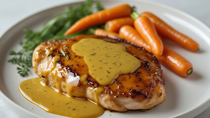 Glazed chicken steak mockup with carrots on white background. Ideal for sauce labels or frozen meal packaging design