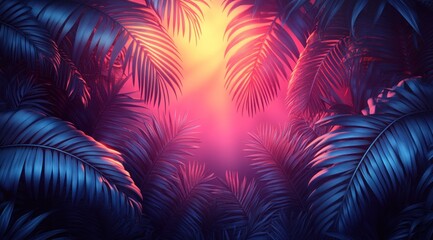 Tropical sunset, palm leaves, vibrant colors, background, vacation