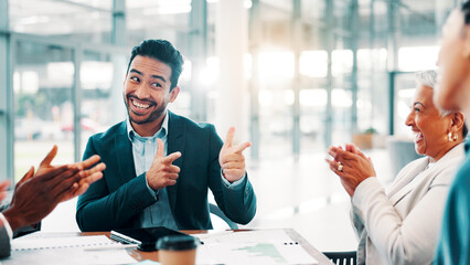 Finger guns, success and businessman with meeting, applause and achievement celebration in office....