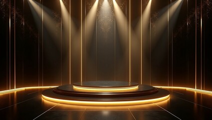 "Luxury Futuristic Stage Design with Glossy Black Floor and Dramatic Lighting in Blue, Red, Gold, and Silver"