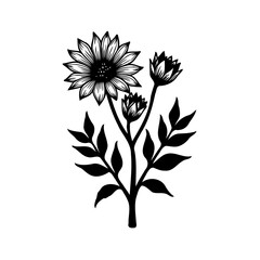 Elegant floral arrangement of stylized blossoms and leaves in black and white