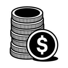 A detailed black and white icon of a tall stack of mixed coins with a classic dollar sign on the front coin, emphasizing depth and dimension on a white canvas.