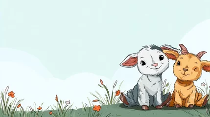 Naadloos Fotobehang Airtex Two cute cartoon goats sit together on a grassy hill against a light sky, surrounded by flowers and soft clouds. © Leninya