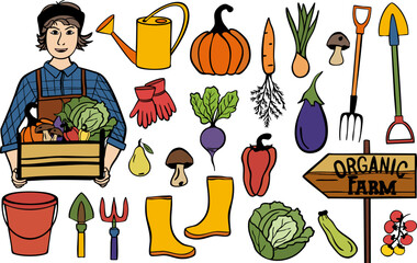 Set Farm food. vector illustration. Hand drawn farmer and vegetables. Organic farming with farmer. Agriculture and farmer market. Organic farm