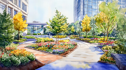Urban Garden Watercolor Painting with Vibrant Flowers  
