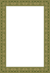 Vector square gold with green ancient Russian ornament. Slavic rectangle, border, frame. Painting of the royal chambers.
