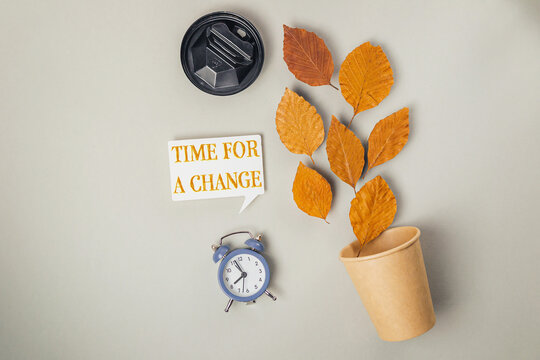 Clock is on a table next to a cup and a leafy plant