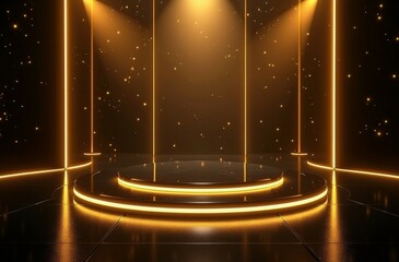 "Luxury Futuristic Stage Design with Glossy Black Floor and Dramatic Lighting in Blue, Red, Gold, and Silver"