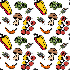 Vegetables seamless pattern. Organic food. Vegetarian diet. Healthy food. Hand drawn illustration with tomato, pepper, mushrooms and broccoli