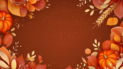 Thanksgiving Harvest Concept Background with Pumpkin, Wheat Ears, Pine Cones, and Abundant Food Colors for PPT Presentations, Expressing Gratitude and Bounty.