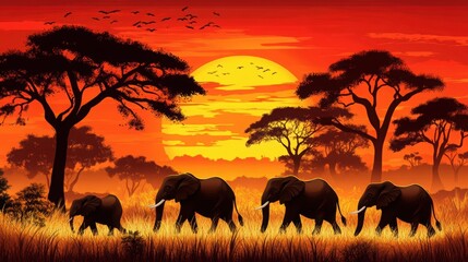Scenic savanna sunset with acacia trees and a majestic elephant family walking