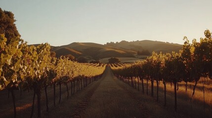 Scenic vineyard landscape at golden hour showcasing rows of grapevines