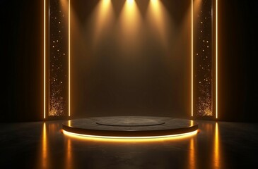 "Luxury Futuristic Stage Design with Glossy Black Floor and Dramatic Lighting in Blue, Red, Gold, and Silver"