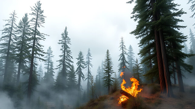 Joyful Scenic view of firer in forest with tall coniferous trees on misty day on digital art concept.