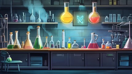A bright chemistry lab with flasks, beakers, and experimental setups