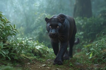 Obraz premium Black Panther Silently Stalking Through the Jungle