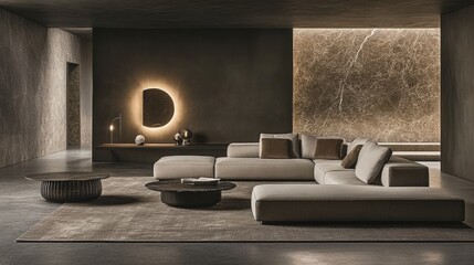 Sophisticated living room interior with minimalist decor and ambient lighting elements