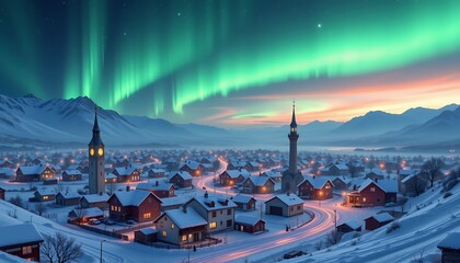 Obraz premium photorealistic arctic cityscape, snow covered buildings, aurora borealis, mystical ambiance, 4k resolution