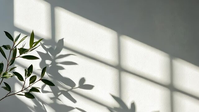 Minimalist interior leaves potted plant casting soft shadows featuring on white round pedestal near sunlit window abstract aesthetic background video 4k