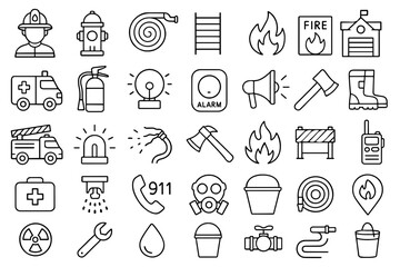 Fire department line icons collection in flat design for UI use