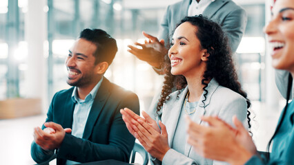 Clapping hands, presentation and business people in office with achievement, meeting or target....