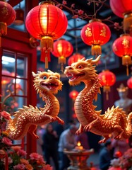 Fototapeta premium festive chinese new year setting, vibrant red lanterns, golden dragons, celebratory ambiance, 4k resolution