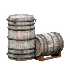Fototapeta premium Two weathered wooden barrels, one upright and another on its side, evoke a sense of rustic charm and age. The barrels, with their distinct bands and aged wood.