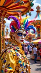 Obraz premium vibrant carnival festival setting, colorful masks, spinning rides, festive ambiance, 4k resolution