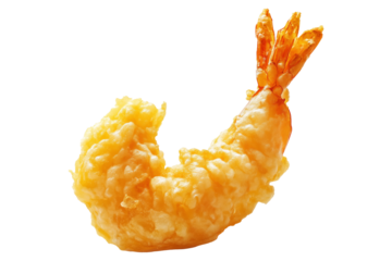 Deep fried shrimp tempura in golden batter, isolated on white transparent background, concept of Japanese cuisine delicacy
