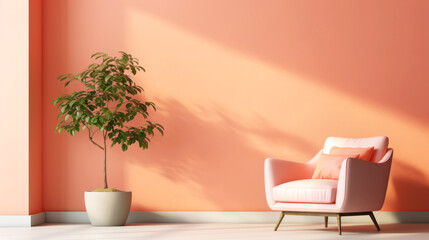 Minimalist interior design with soft apricot color palette and modern blush pink armchair with accent pillows and a lush green potted plant, ideal for relaxation and mindfulness in serene living space