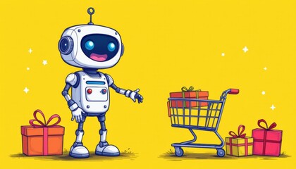 Fototapeta premium Adorable robot with shopping cart colorful background digital artwork shopping experience playful concept