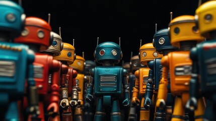 Fototapeta premium A creative design featuring toy robots and action figures lined up symmetrically, leaving room for text 