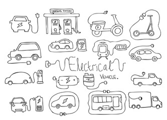 Doodle Illustration Set Featuring Various Hand-Drawn Cars and Vehicles in Playful Designs with Unique Characteristics and Urban Themes