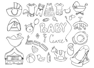 Obraz premium Doodle Illustration Set Featuring Baby-Themed Items Including Toys, Clothes, and Playful Elements in A Fun and Colorful Design