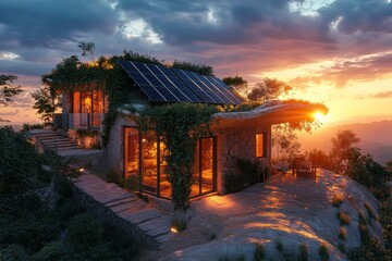 Fototapeta premium A modern eco-friendly home nestled high atop a mountain at sunset.