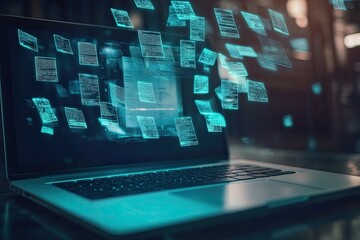 Digital documents flying from a laptop screen