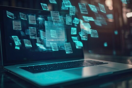 Digital documents flying from a laptop screen