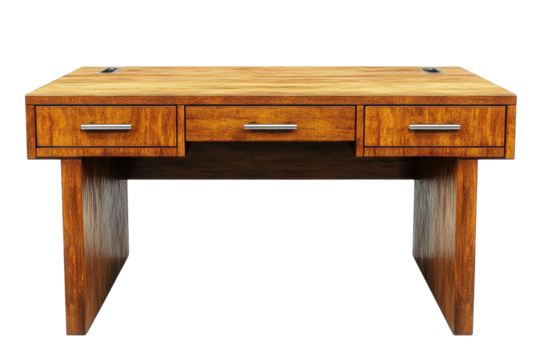 Elegant Solid Wood Desk Rich Brown Finish Three Drawers Modern Design Studio Office Furniture Isolated on transparent background
