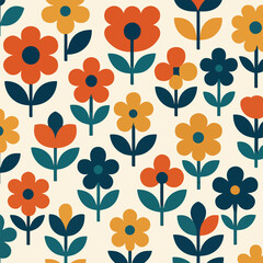 Flowers in Scandinavian style, bold flat colors, geometric petals, retro 70s vibe