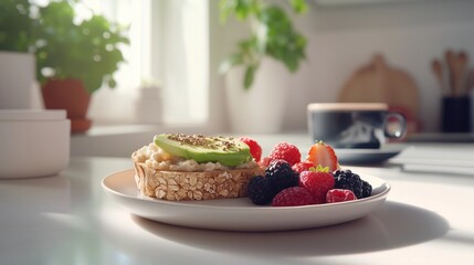 Healthy breakfast flat lay featuring oatmeal, fresh berries, avocado toast, and coffee with a neutral kitchen background, enhanced by bright natural lighting and a clean food