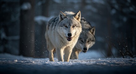 Obraz premium Two Wolves in a Snowy Landscape