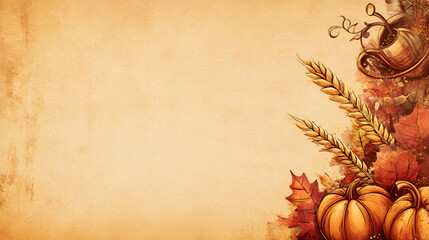 Thanksgiving Harvest Concept Background with Pumpkin, Wheat Ears, Pine Cones, and Abundant Food Colors for PPT Presentations, Expressing Gratitude and Bounty.