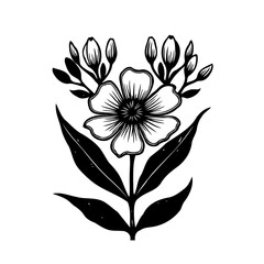 Elegant monochromatic floral design featuring stylized blossom and detailed leaves