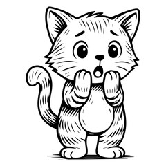 Shy Cartoon Cat with Paws Up Adorable Kitten Character in Line Art Style